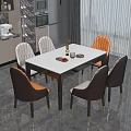 Dining Table Set With White Marble Tabletop Black Metal Legs And Multi Colored Leather Chairs