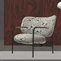 Modern Leisure Chair with Black White Marble Pattern Wooden Armrests and Black Metal Legs