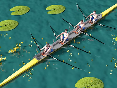 Four People Rowing Boat On Water With Lotus Leaves And Yellow Petals 3d model
