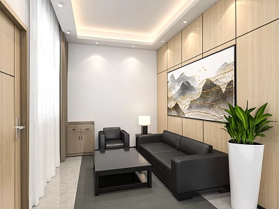 Modern Hotel Public Lounge Area With Black Sofa Coffee Table Mountain Painting And Wooden Wall Panels 3d model