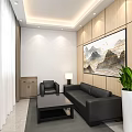 Modern Hotel Public Lounge Area With Black Sofa Coffee Table Mountain Painting And Wooden Wall Panels