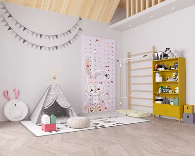 Kids Teepee Tent in Playroom with Rabbit Decor Yellow Bookshelf Decorative Banners and Wooden Ceiling 3d model