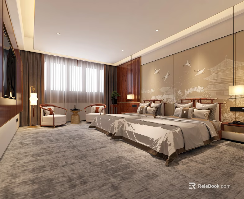 Modern Hotel Guest Room With Large Bed Armchairs And Decorative Wall Art 3d model 