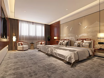 Modern Hotel Guest Room With Large Bed Armchairs And Decorative Wall Art 3d model