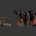 Ancient Architectural Market Stalls With Wooden Structures Striped Canopies Barrels And Tools
