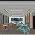 Modern Conference Room Design With Long Table Chairs Large Screen And Bookshelves