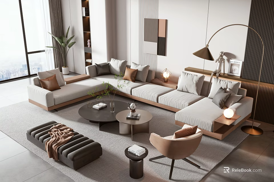 Modern L shaped Sofa and Coffee Table Set With Light Upholstery Pillows Floor Lamp and Rug 3d model 