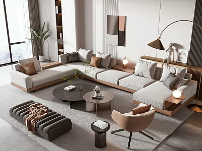 Modern L shaped Sofa and Coffee Table Set With Light Upholstery Pillows Floor Lamp and Rug 3d model