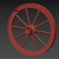 Antique Wooden Spoke Tire With Red Outer Rim And Ornate Carved Hub Design