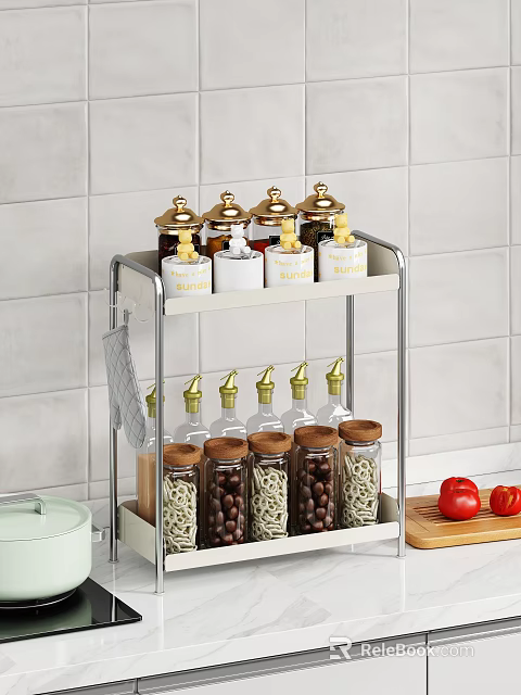 Two Tier Kitchen Utensil Storage Rack With Glass Jars And Golden Lids For Dried Food 3d model 