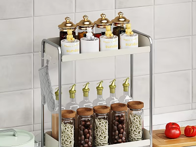 Two Tier Kitchen Utensil Storage Rack With Glass Jars And Golden Lids For Dried Food 3d model