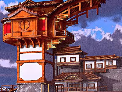 Cartoon Scene of Traditional Chinese Wooden Architecture with Red Windows Overhanging Eaves and Mountain Backdrop 3d model
