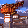 Cartoon Scene of Traditional Chinese Wooden Architecture with Red Windows Overhanging Eaves and Mountain Backdrop