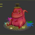 Pink Creature With Top Hat Sharp Teeth And Small Teapot Near Plants 3d model