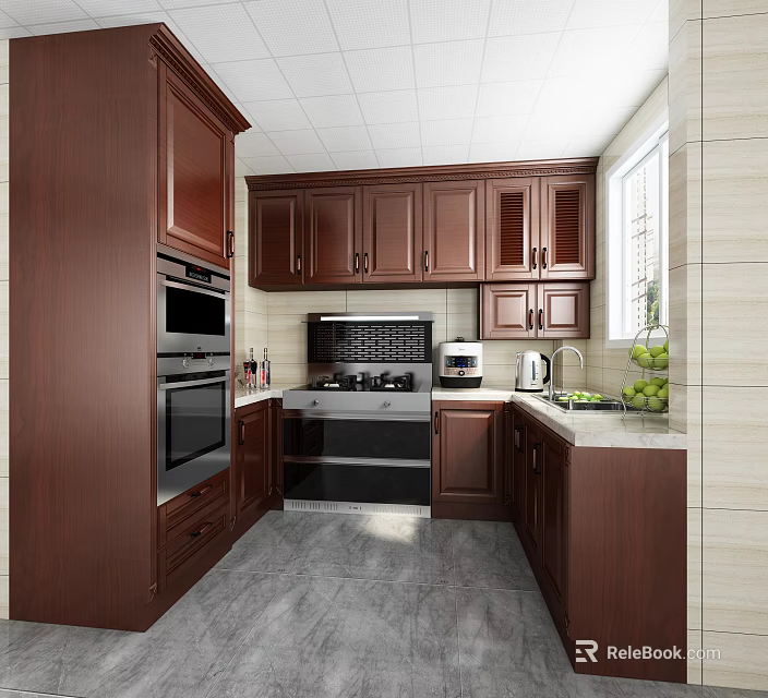 Traditional Wooden Kitchen Interior With Dark Brown Cabinets Oven Stove Sink And Natural Light 3d model 
