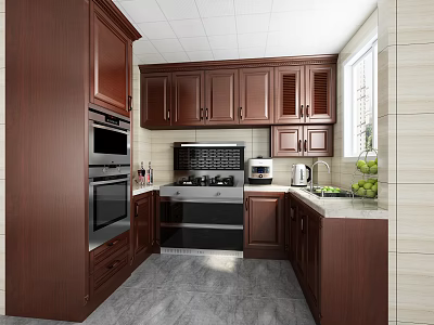 Traditional Wooden Kitchen Interior With Dark Brown Cabinets Oven Stove Sink And Natural Light 3d model