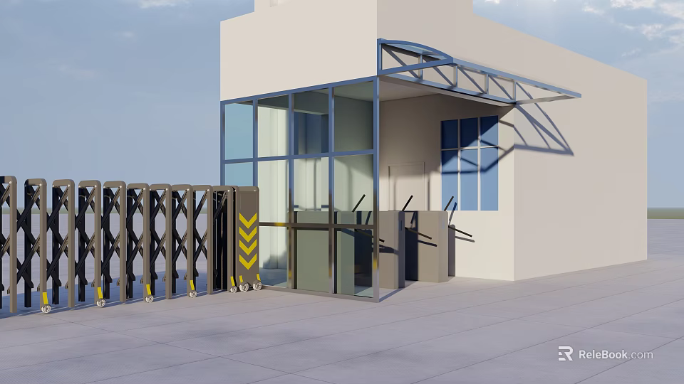 Modern Building Entrance Gate with Glass Facade and Canopy Automatic Retractable Barrier Design 3d model 