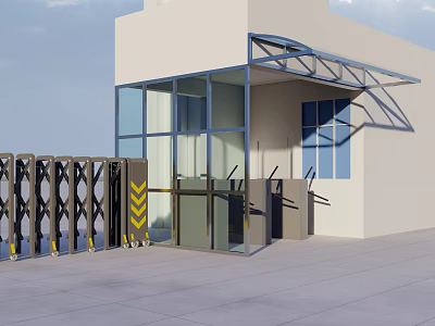 Modern Building Entrance Gate with Glass Facade and Canopy Automatic Retractable Barrier Design 3d model