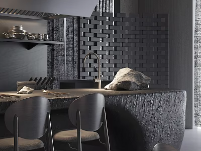 Modern Restaurant Interior With Black Stone Countertop Brick Wall And Chairs 3d model