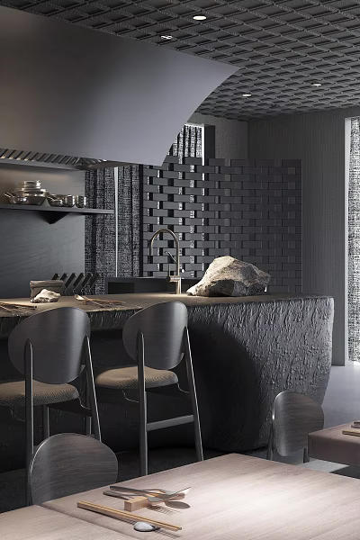 Modern Restaurant Interior With Black Stone Countertop Brick Wall And Chairs 3d model