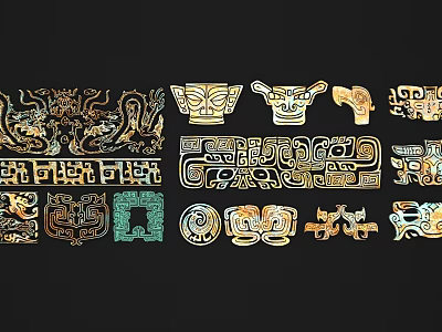 Traditional Sculpture Carvings with Gold Green Decorative Geometric Totem and Ornate Designs 3d model