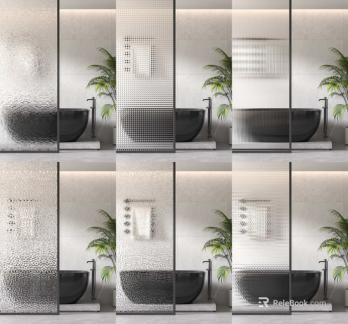 Elegant Bathroom Glass Partition With Textured Surface Black Bathtub And Green Plant 3d model 