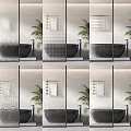 Elegant Bathroom Glass Partition With Textured Surface Black Bathtub And Green Plant