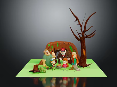 Group Of Cartoon Characters With Forest Creatures Near Cave And Tall Tree In Grass 3d model