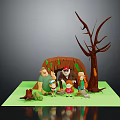 Group Of Cartoon Characters With Forest Creatures Near Cave And Tall Tree In Grass