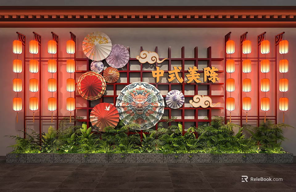 Traditional Chinese Lanterns Decorative Display With Umbrellas Cloud Patterns And Green Plants 3d model