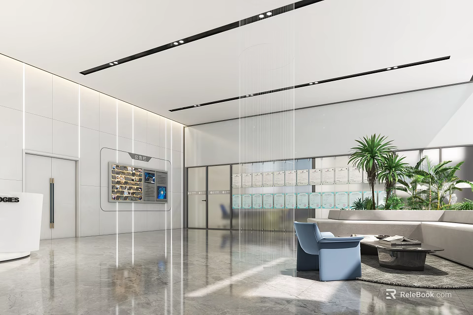 Modern Front Desk Reception Area Interior With Sofa Plants Lighting And Marble Flooring 3d model