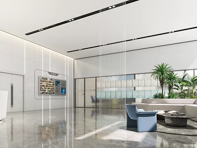 Modern Front Desk Reception Area Interior With Sofa Plants Lighting And Marble Flooring 3d model