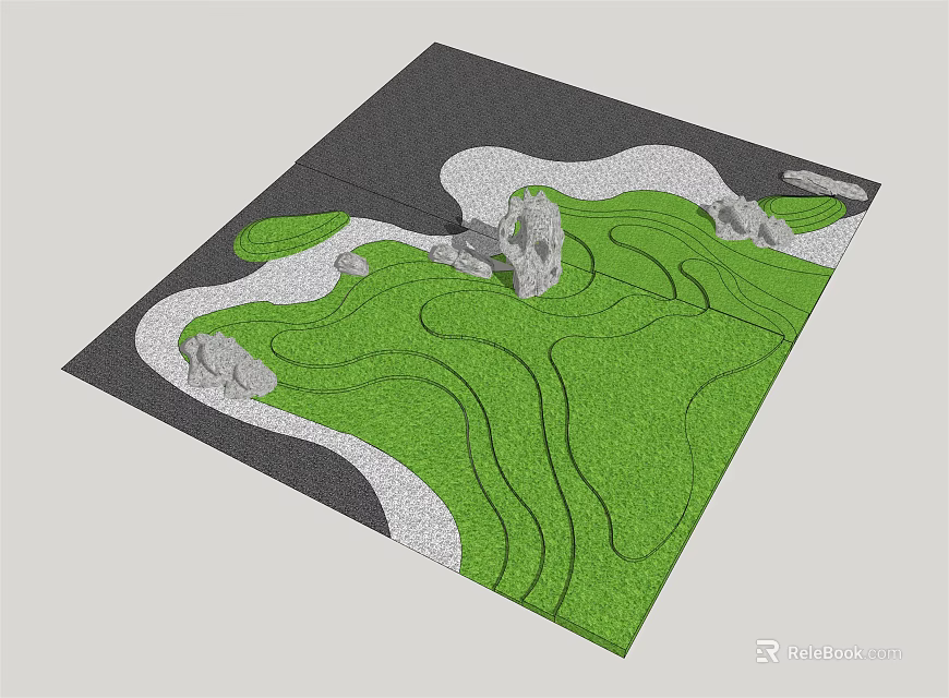Courtyard Garden Design With Green Lawn Winding Paths And Decorative Stones 3d model 