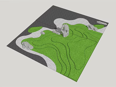 Courtyard Garden Design With Green Lawn Winding Paths And Decorative Stones 3d model
