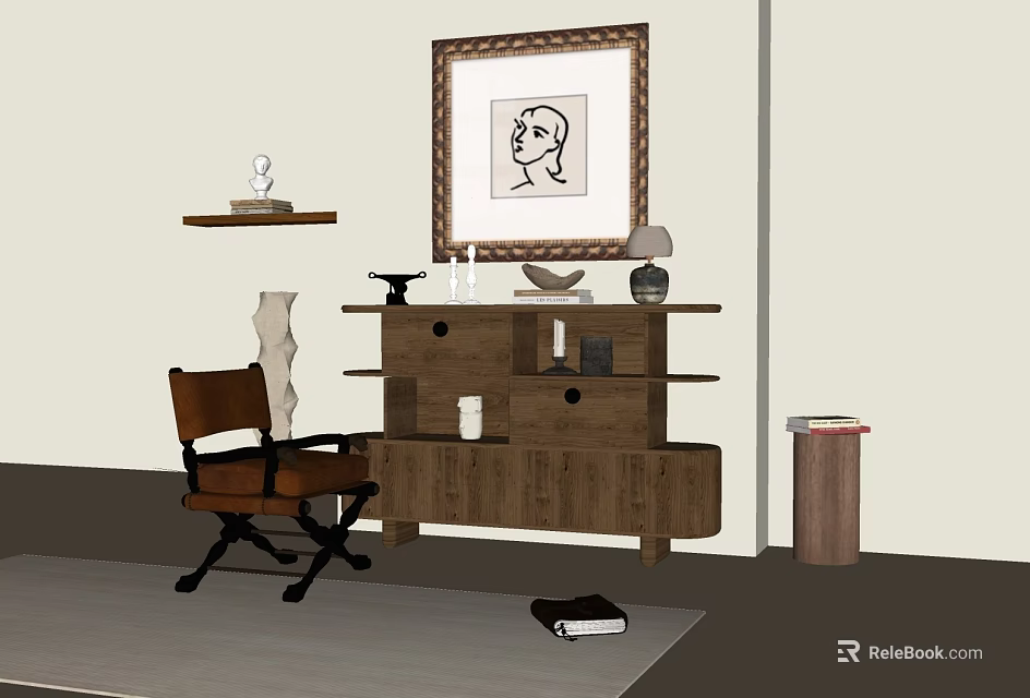 Wooden Sideboard With Decorative Items Chair And Wall Art In Modern Living Space 3d model 