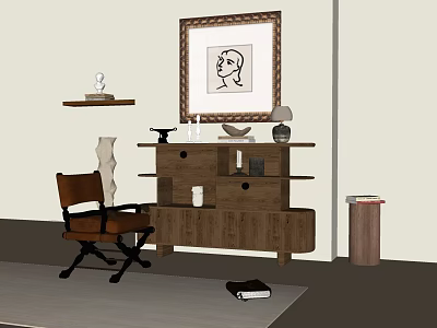 Wooden Sideboard With Decorative Items Chair And Wall Art In Modern Living Space 3d model