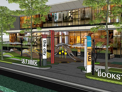 Vibrant Commercial District Featuring Modern Architecture Green Plants Mall And Bookstore 3d model