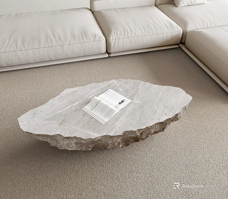 Natural Stone Irregular Coffee Table With Open Book On Beige Carpet In Living Room Sofa 3d model 