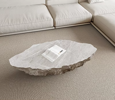 Natural Stone Irregular Coffee Table With Open Book On Beige Carpet In Living Room Sofa 3d model