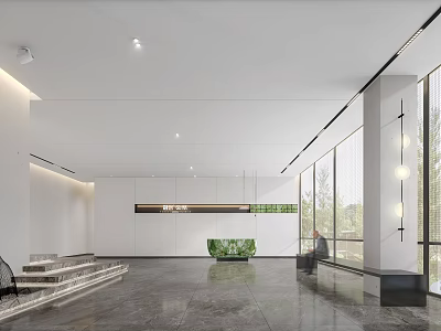 Modern Front Desk Reception Area With Large Windows Natural Light Green Plant And Marble Flooring 3d model