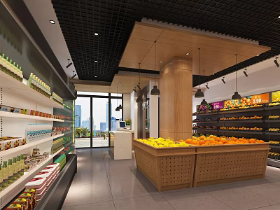 Modern Fruit Store Interior With Fruit Display Counter Shelves And Various Fresh Fruits 3d model