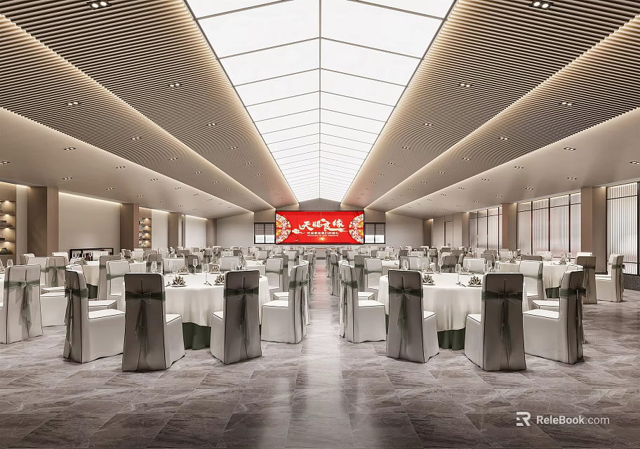 Spacious Modern Banquet Hall With Glass Skylight Ceiling Dining Tables And Gray Chair Covers 3d model 