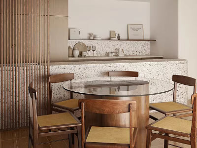 Modern Restaurant Interior With Round Glass Table Wooden Chairs And Decorative Wall Shelves 3d model