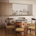 Modern Restaurant Interior With Round Glass Table Wooden Chairs And Decorative Wall Shelves