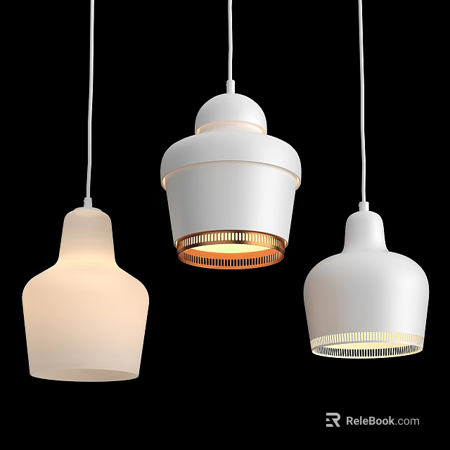 Modern White Pendant Lights with Three Distinctive Shapes and Soft Glow 3d model 