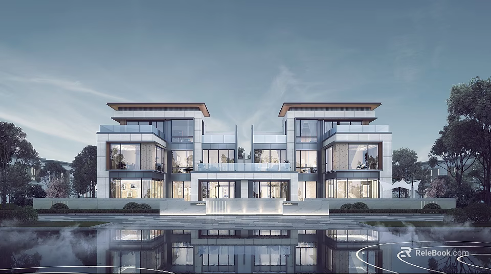 Modern Semi-detached Villa Exterior Featuring Glass Walls Balconies And Water Reflection 3d model 