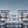 Modern Semi-detached Villa Exterior Featuring Glass Walls Balconies And Water Reflection