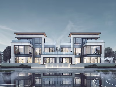 Modern Semi-detached Villa Exterior Featuring Glass Walls Balconies And Water Reflection 3d model