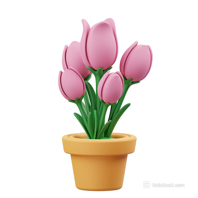 Fresh Pink Tulips in Yellow Pot with Green Stems and Leaves 3d model 