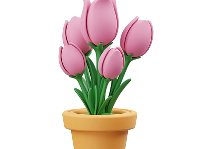 Fresh Pink Tulips in Yellow Pot with Green Stems and Leaves 3d model